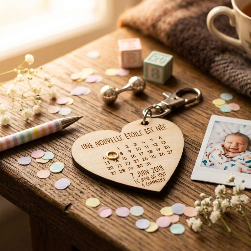 Porte-clé en bois gravé avec une date de naissance, cadeau pour jeunes parents Porte-clé en bois gravé avec une date de naissance, cadeau pour jeunes parents