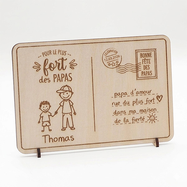 carte-postale cadeau fête des pères personnalisé avec le dessin de votre enfant par gravure laser cadeau à offrir petit prix