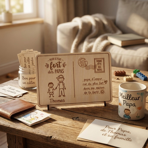 carte-postale cadeau fête des pères personnalisé avec le dessin de votre enfant par gravure laser cadeau à offrir petit prix