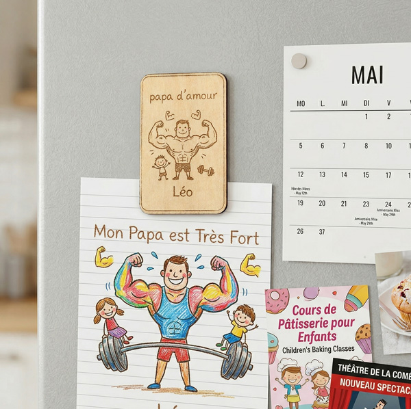 magnet cadeau fête des pères personnalisé avec le dessin de votre enfant par gravure laser cadeau à offrir petit prix