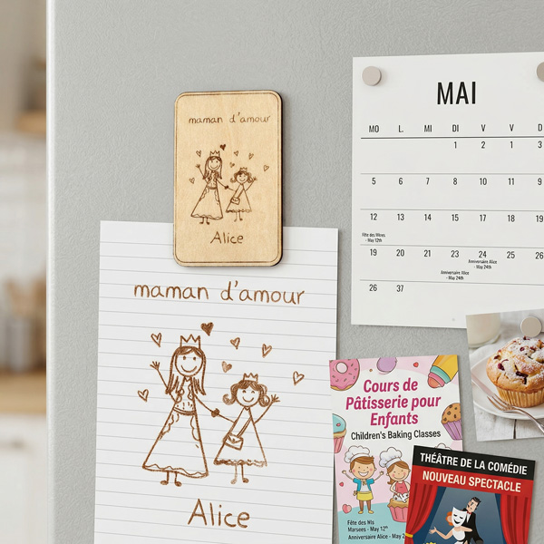 magnet cadeau fête des mères personnalisé avec le dessin de votre enfant par gravure laser cadeau à offrir petit prix