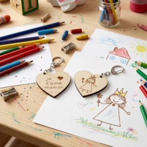 Porte-clés fête des mères personnalisé avec le dessin de votre enfant par gravure laser cadeau à offrir petit prix