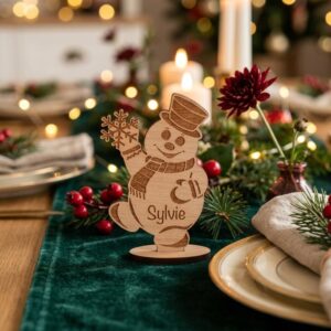Marque-place bonhomme de neige en bois personnalisé par gravure laser Décoration de table de Noël