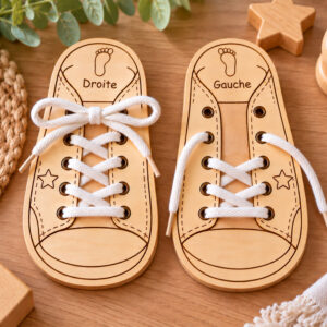 Chaussures en bois à lacer pour apprendre à faire ses lacets et reconnaître droite et gauche. Jeu éducatif inspiré de la pédagogie Montessori.