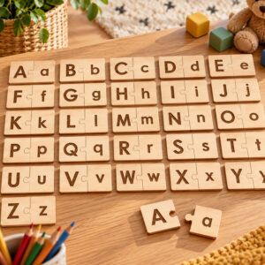 Puzzle alphabet en bois de A à Z pour associer lettres majuscules et minuscules. Un jeu éducatif gravé au laser pour apprendre l’alphabet.
