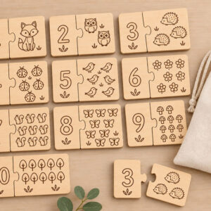 Puzzle des nombres Montessori en bois pour apprendre à compter de 1 à 10. Un jeu éducatif gravé au laser associant chiffres et quantités.