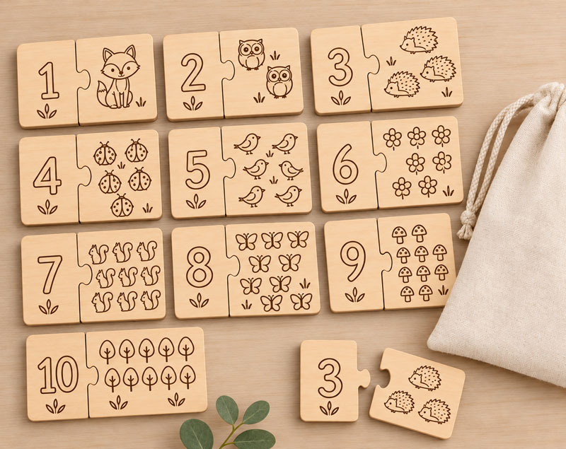 Puzzle en bois gravé pour apprendre à compter Puzzle en bois gravé pour apprendre à compter