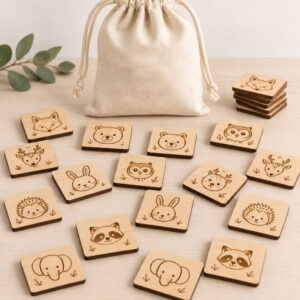 jeu de mémoire en bois, memory gravé au laser, jeu éducatif animaux