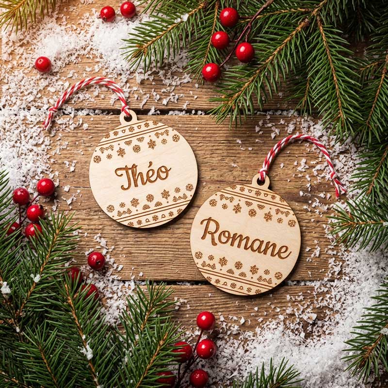 décorations de sapin boule de noel en bois personnalisées